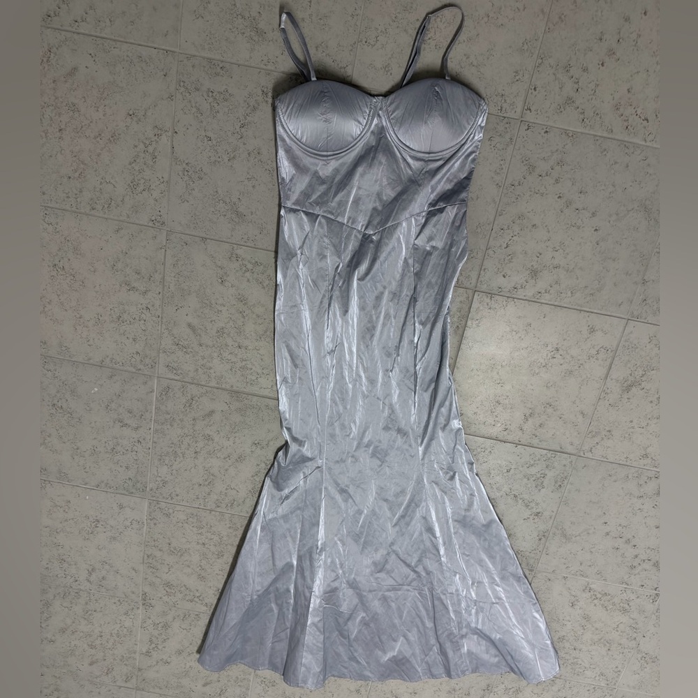 NWT Fashion Nova Metallic Silver faux leather Caught Your Eye Gown Size M party